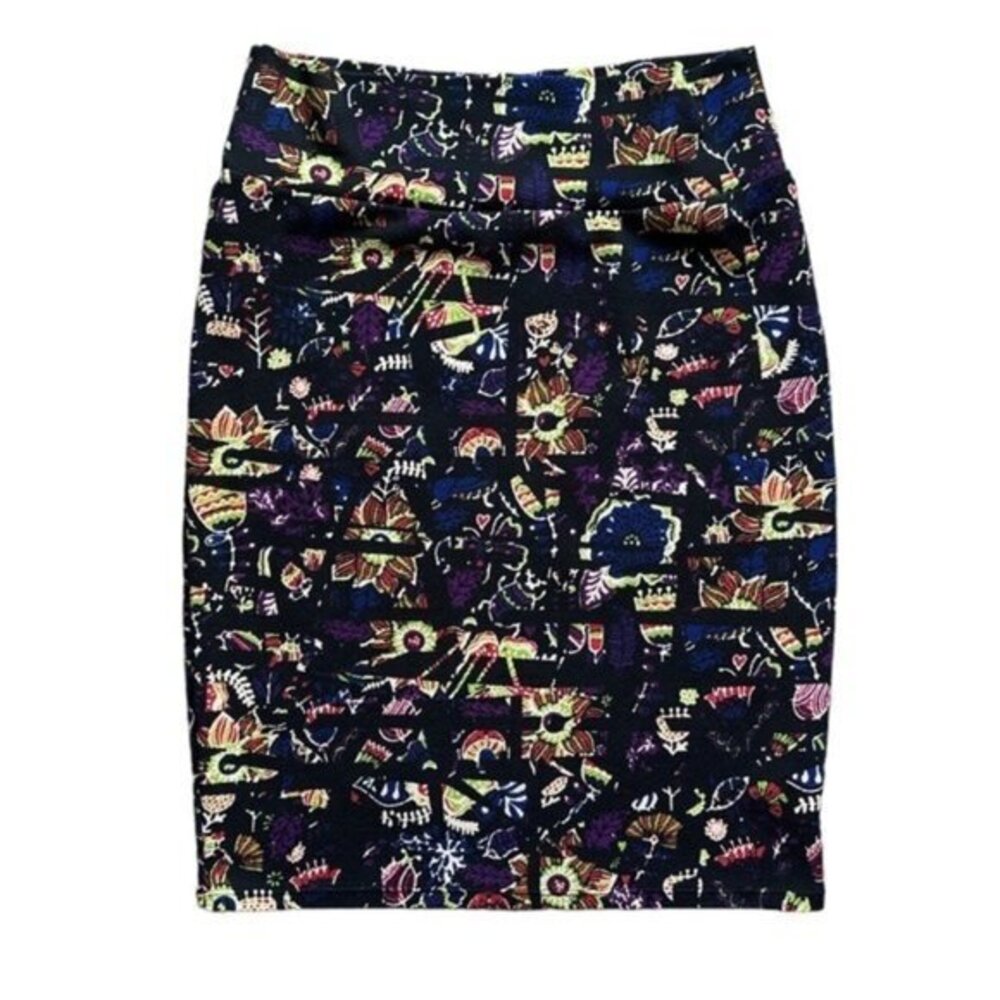 Lularoe Black Cassie Pencil Skirt Dragonflies Floral Size Large EUC #5734